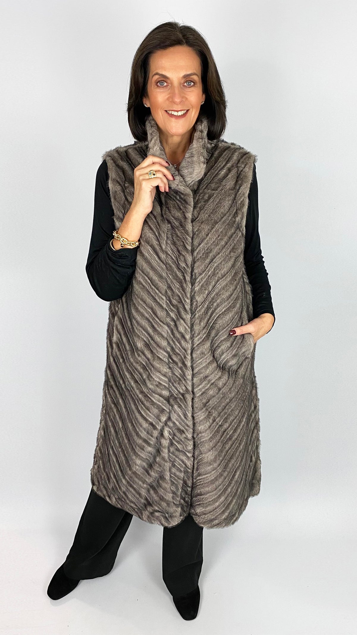 Chevron printed long faux fur gilet | 2 Colours | by Malissa J