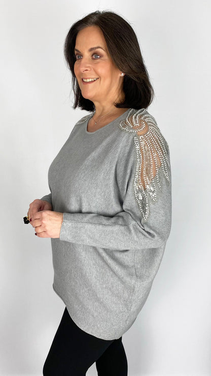 Embellished wing on shoulder v-neck jumper (4 Colours) - last 1