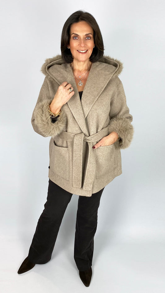 Faux fur trimmed wool jacket | Taupe | by Malissa J