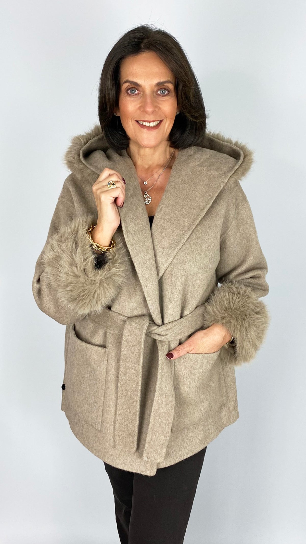 Faux fur trimmed wool jacket | Taupe | by Malissa J