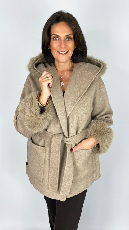 Faux fur trimmed wool jacket | Taupe | by Malissa J