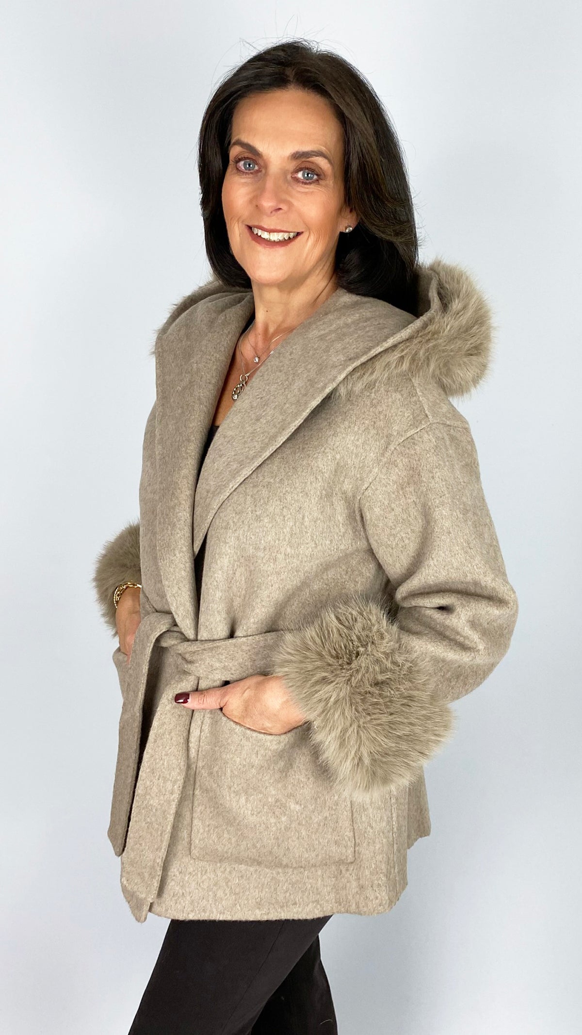 Faux fur trimmed wool jacket | Taupe | by Malissa J