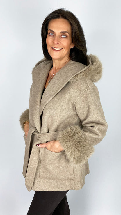 Faux fur trimmed wool jacket | Taupe | by Malissa J
