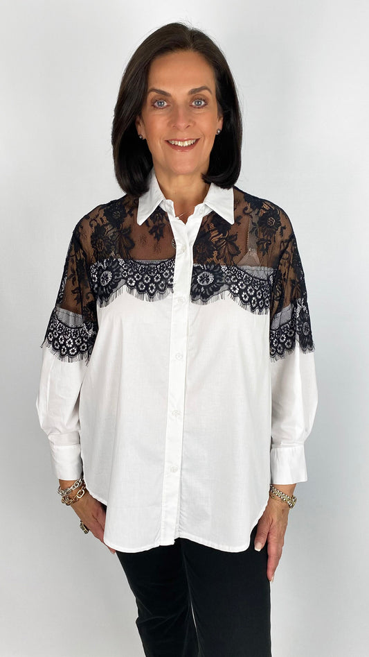 Lace shoulder classic shirt | White/Black
