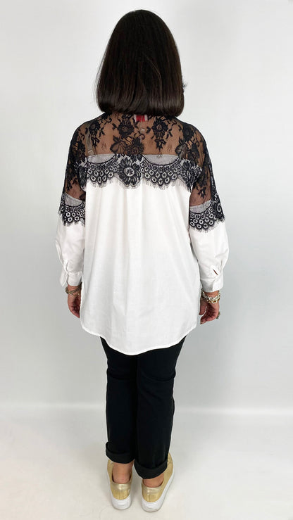 Lace shoulder classic shirt | White/Black