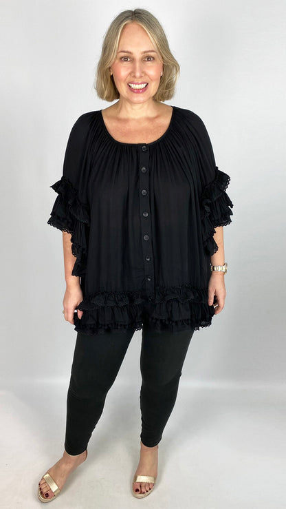 Button-through pom pom ruffle top by Malissa J (3 Colours)