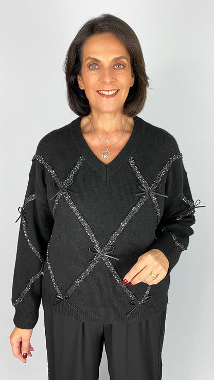 Embellished knitted v-neck jumper w/ bows | 2 Colours | by Malissa J