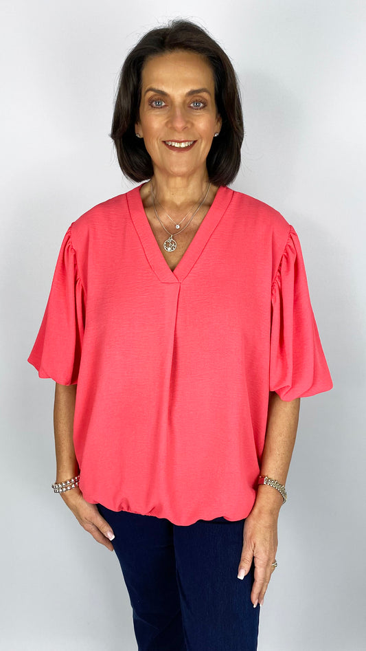 Puff sleeve gathered hem v-neck top | 7 Colours