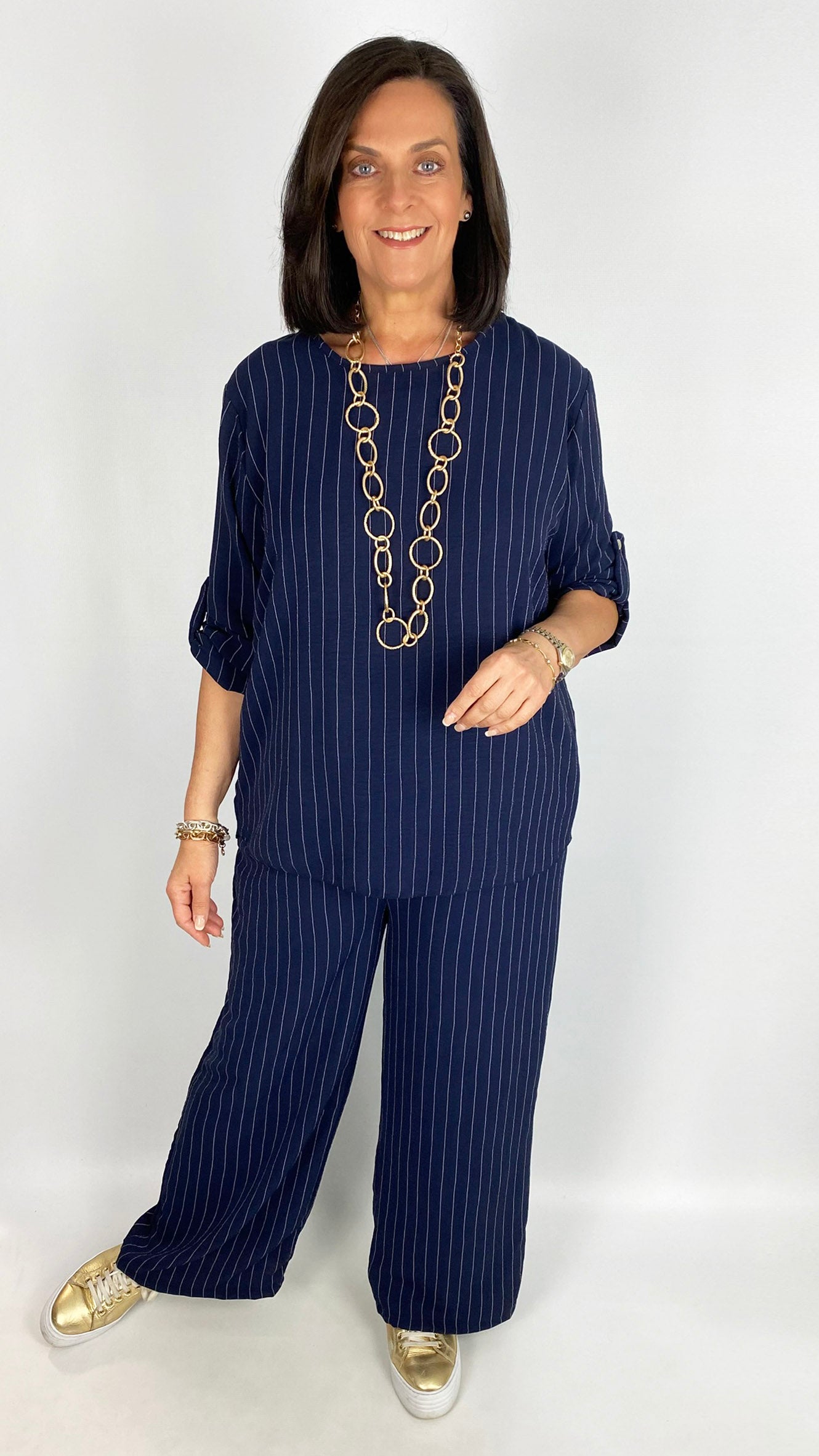 Pinstripe button-up sleeve top & wide-leg trouser set | 3 Colours | last 1