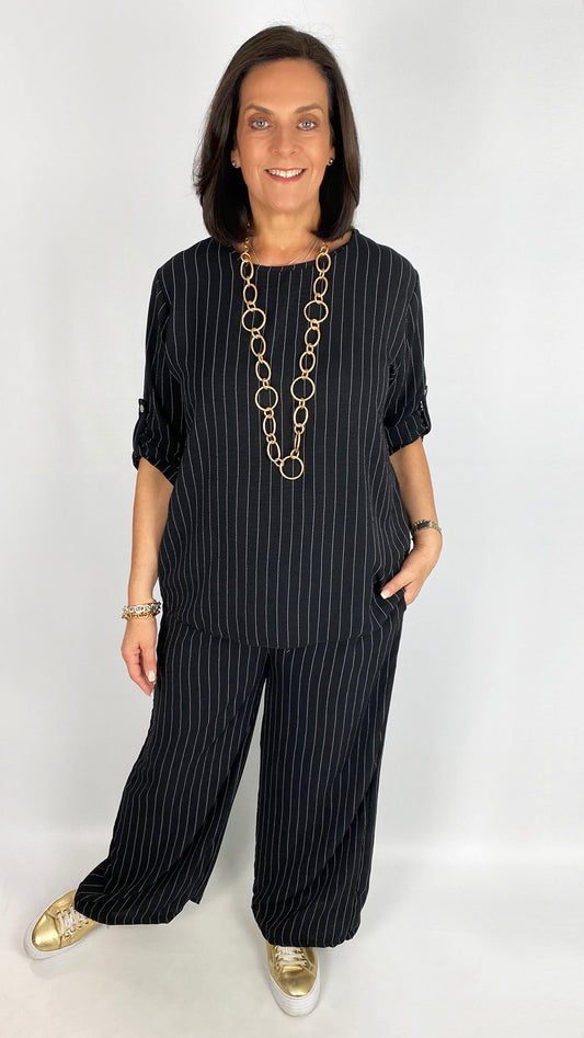 Pinstripe button-up sleeve top & wide-leg trouser set | 3 Colours | last 1