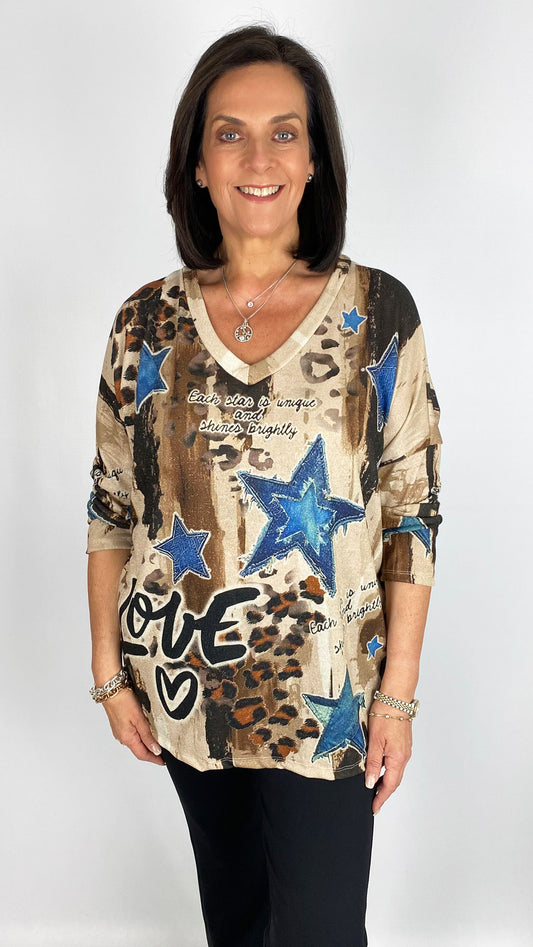 Soft lurex denim star v-neck top