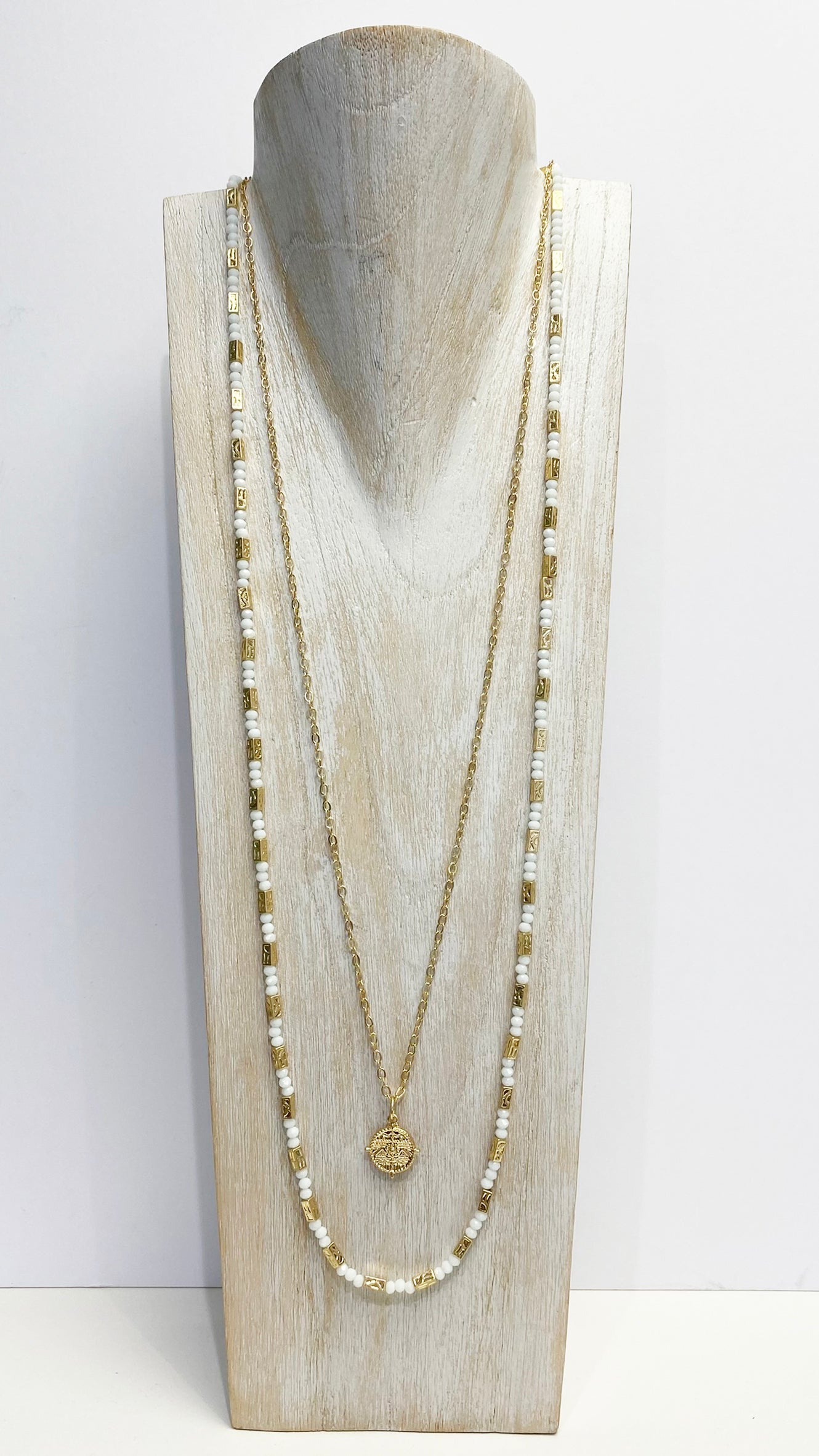 Beaded double layer pendant necklace (White/Gold)
