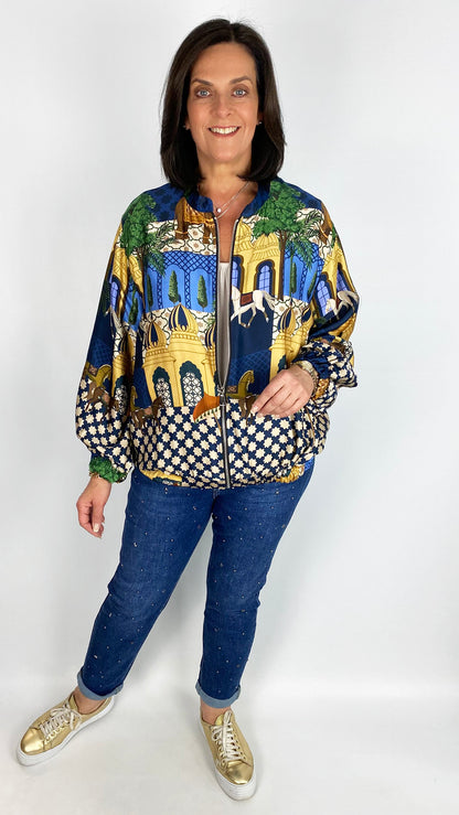 Print sateen elasticated hem zip bomber jacket | 2 Colours