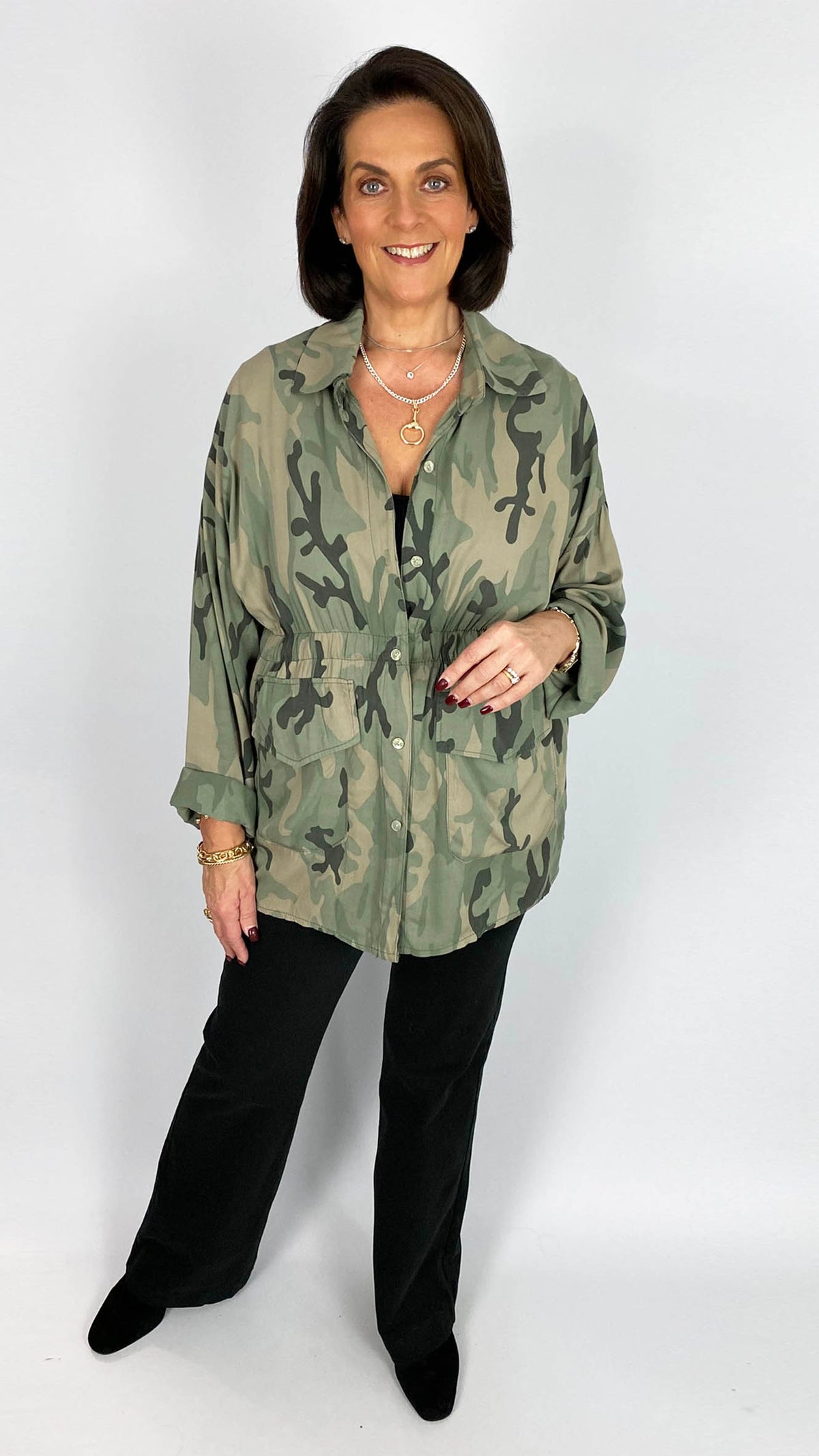 Camo print button-through shacket | 2 Colours
