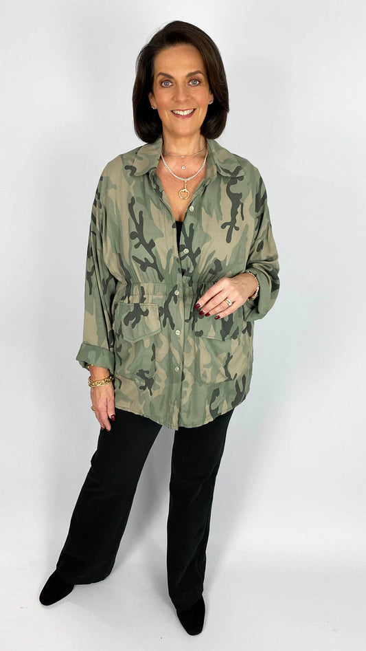 Camo print button-through shacket | 2 Colours