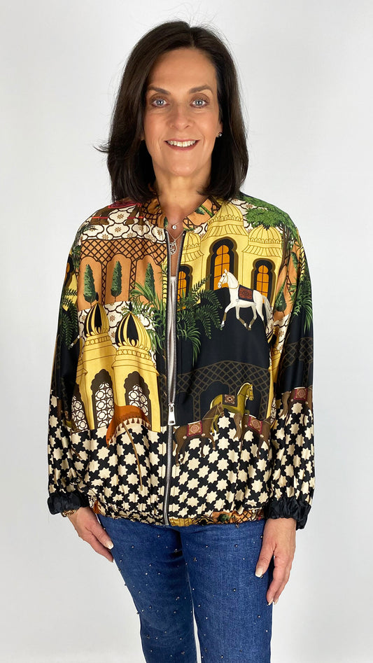 Print sateen elasticated hem zip bomber jacket | 2 Colours