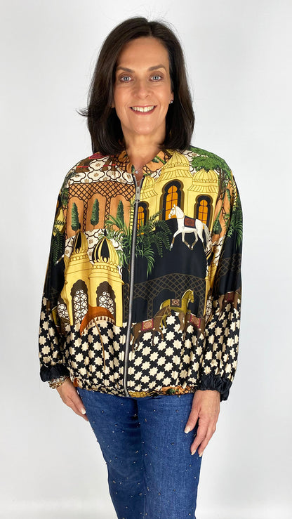 Print sateen elasticated hem zip bomber jacket | 2 Colours