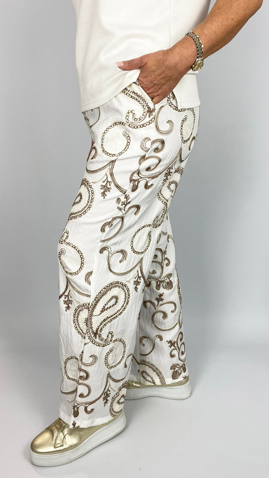 Embroidered wide-leg trousers | Latte | by Malissa J