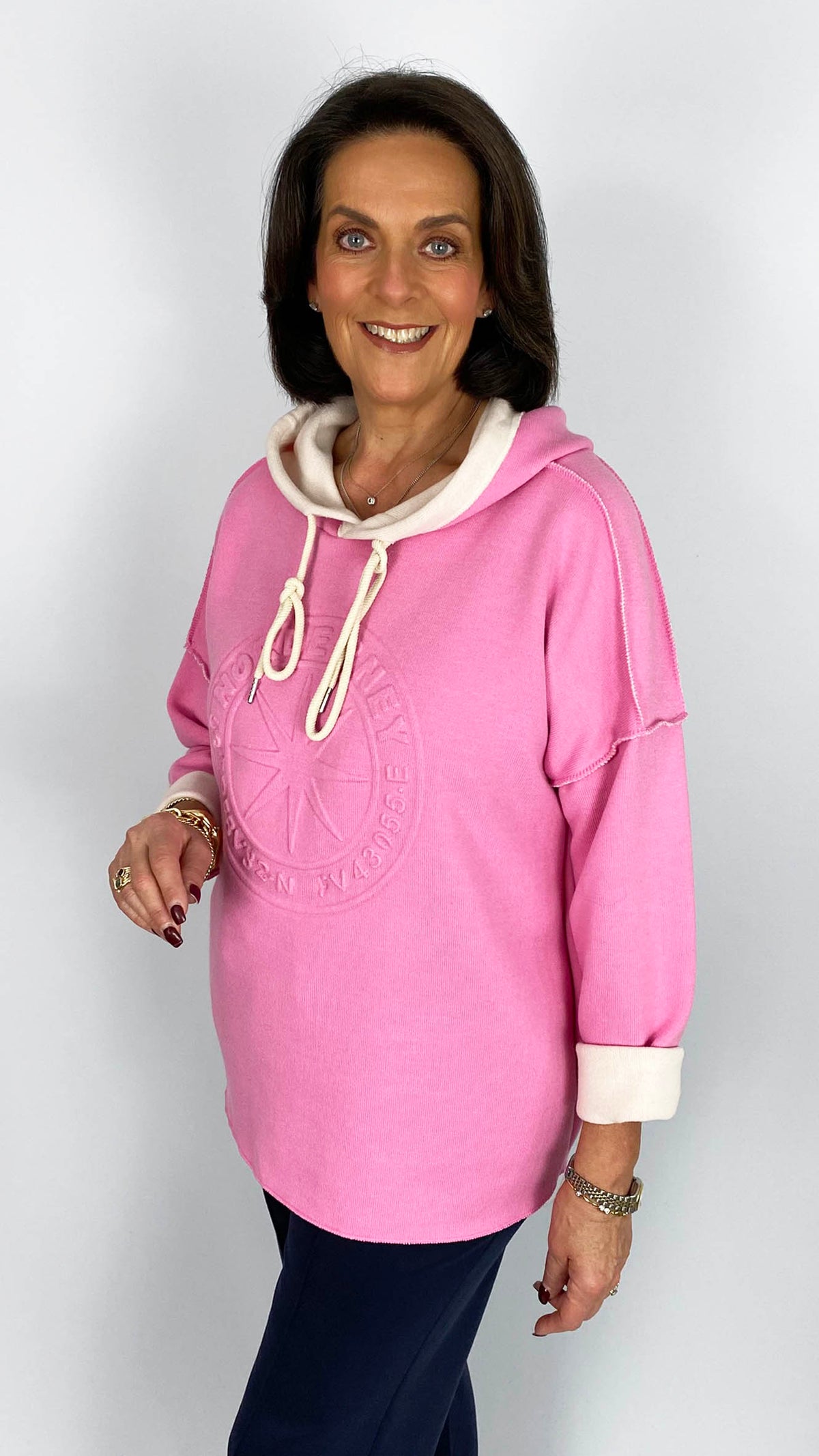 Embossed motif exposed seam hooded sweatshirt | 3 Colours