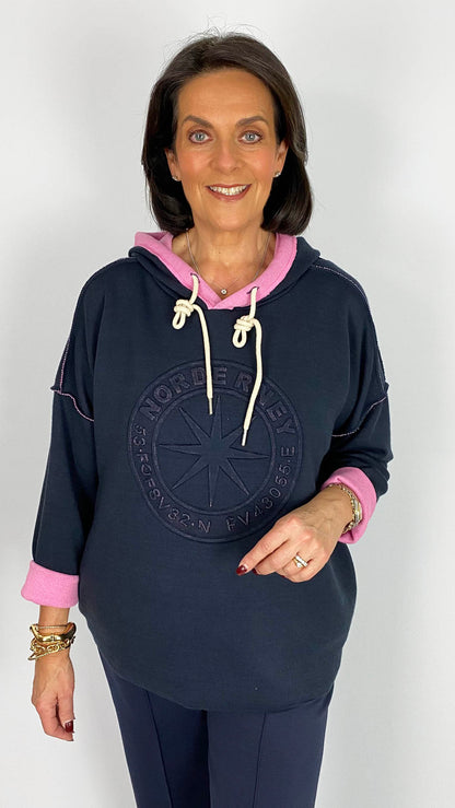 Embossed motif exposed seam hooded sweatshirt | 3 Colours