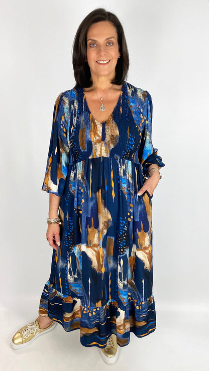 Shirred bust v-neck print dress | 4 Colours | last 1