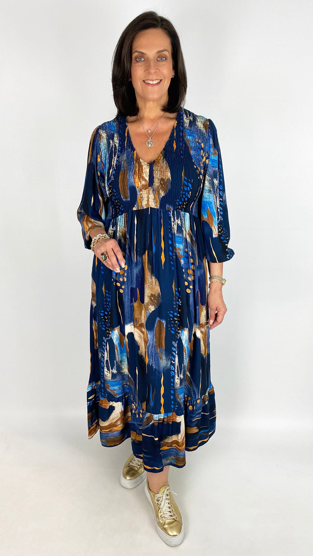 Shirred bust v-neck print dress | 4 Colours | last 1