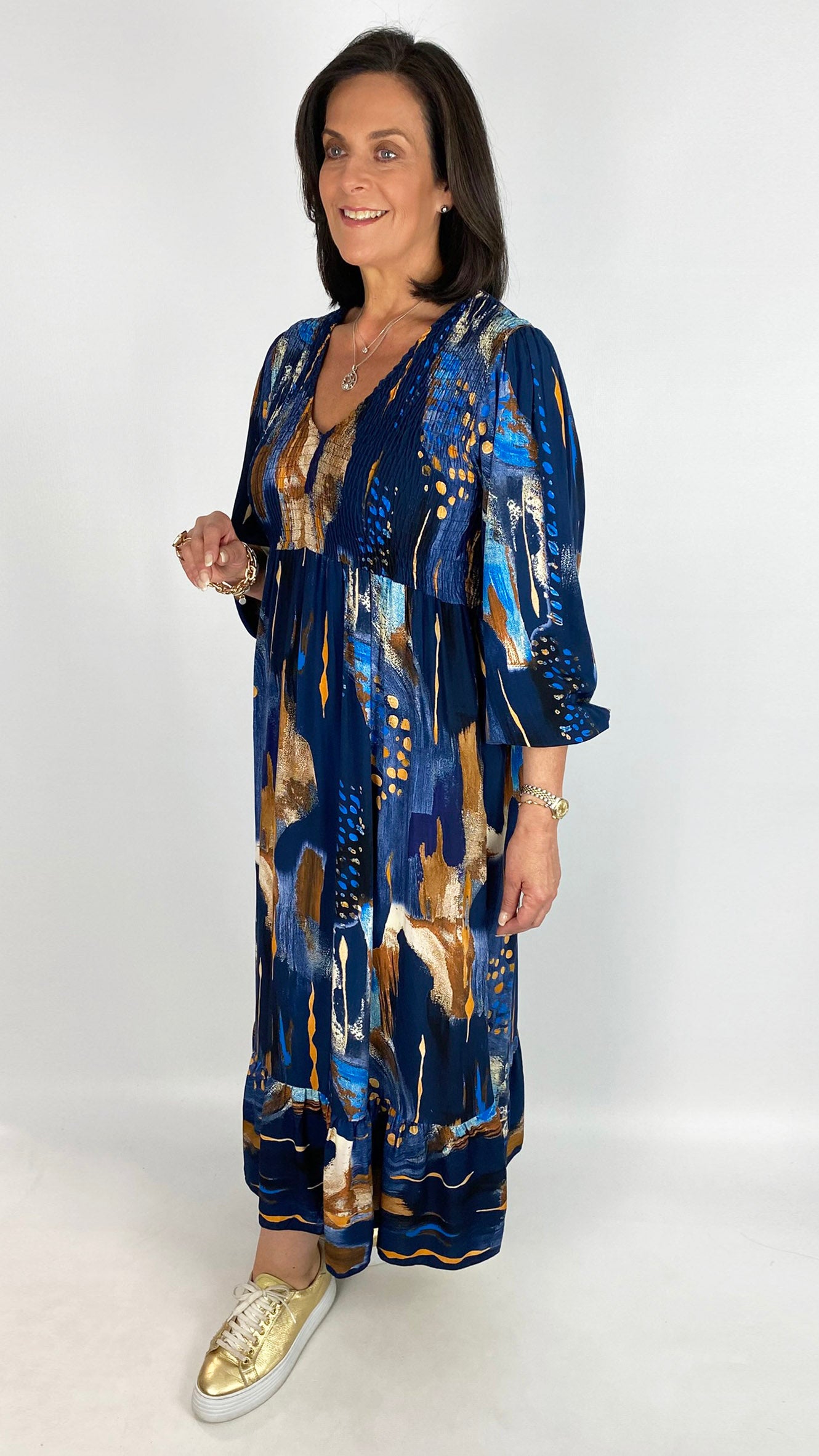 Shirred bust v-neck print dress | 4 Colours | last 1
