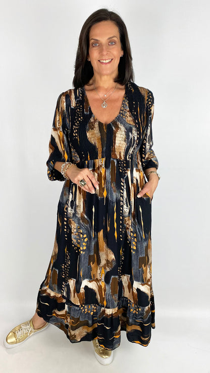 Shirred bust v-neck print dress | 4 Colours | last 1