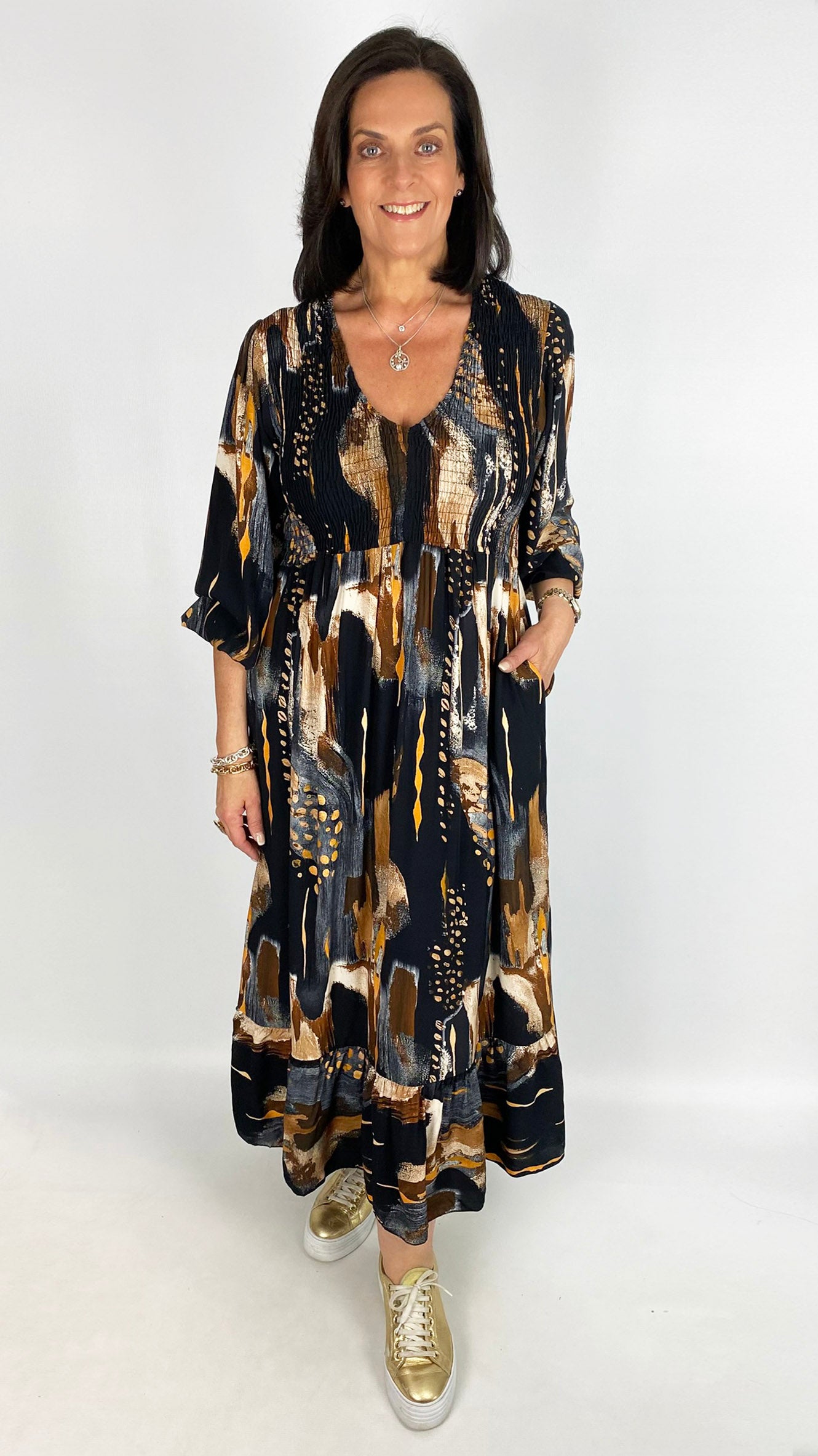 Shirred bust v-neck print dress | 4 Colours | last 1