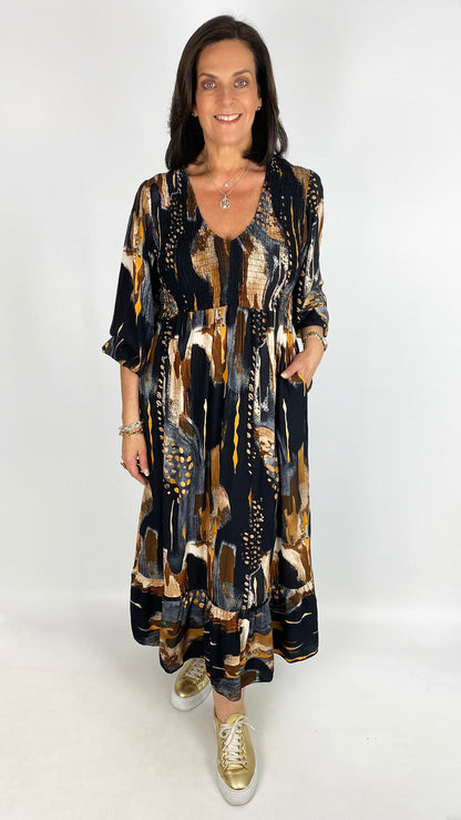 Shirred bust v-neck print dress | 4 Colours | last 1