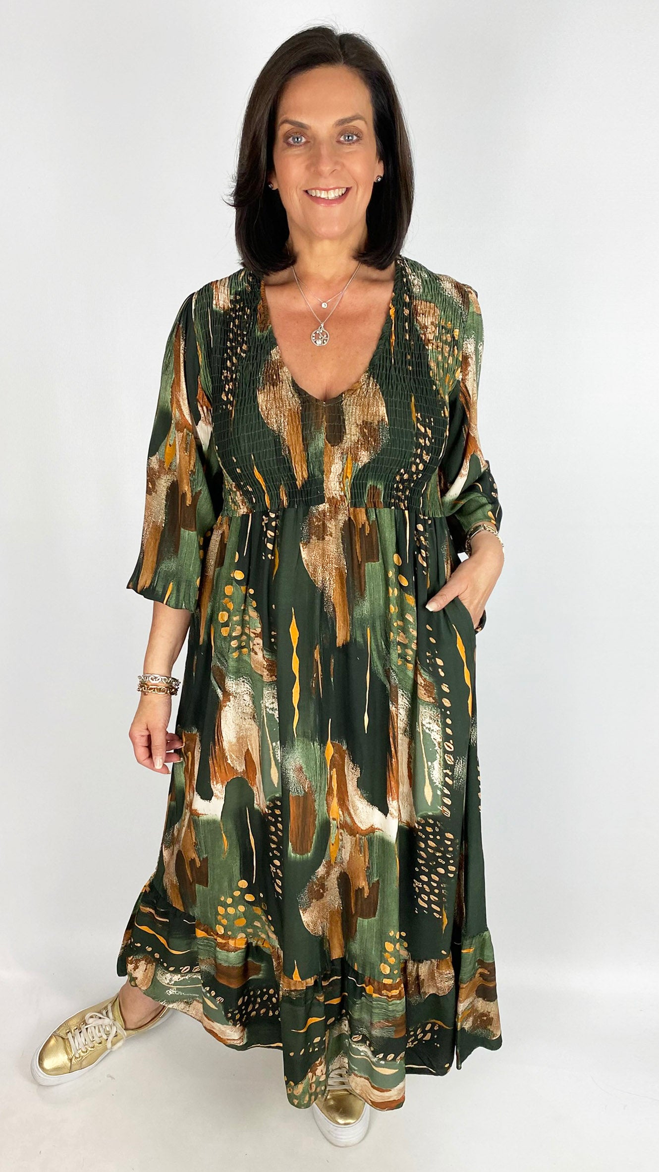 Shirred bust v-neck print dress | 4 Colours | last 1