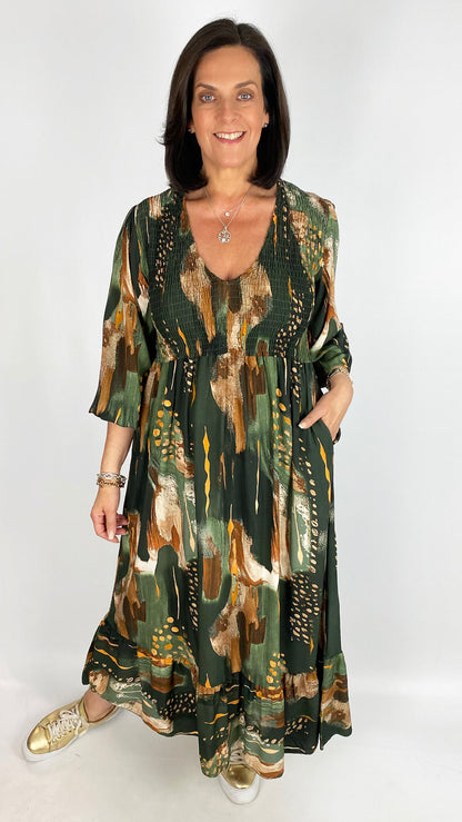 Shirred bust v-neck print dress | 4 Colours | last 1