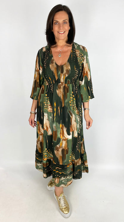 Shirred bust v-neck print dress | 4 Colours | last 1