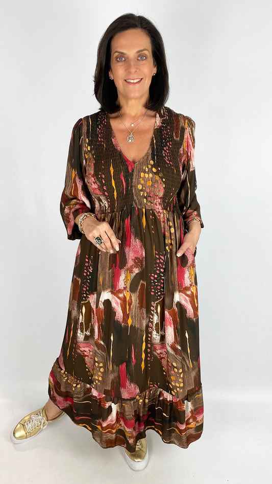 Shirred bust v-neck print dress | 4 Colours | last 1