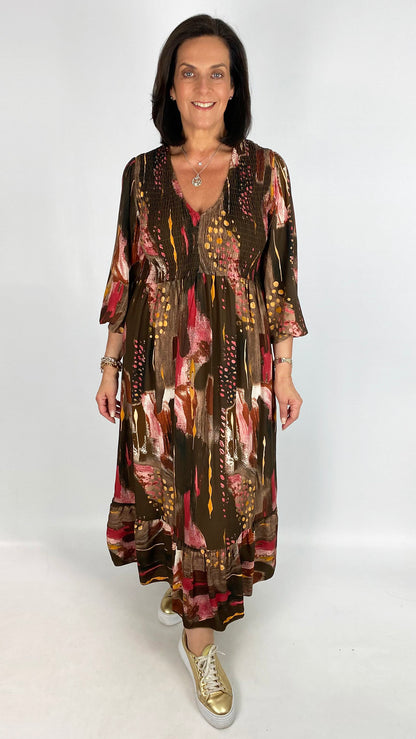 Shirred bust v-neck print dress | 4 Colours | last 1