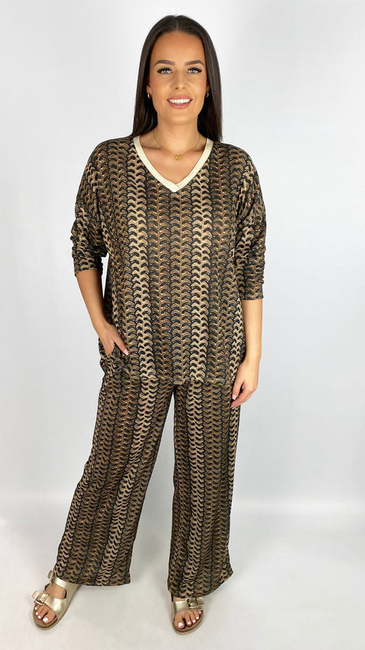 Soft lurex designer-inspired crease free top & wide-leg trouser set | 3 Colours