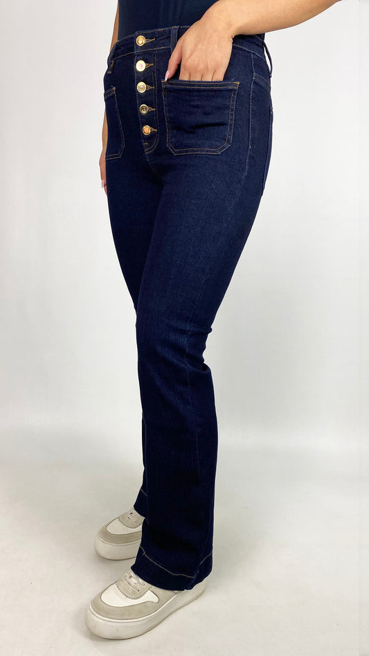 Fancy button wide-leg stretch jeans | Dark denim