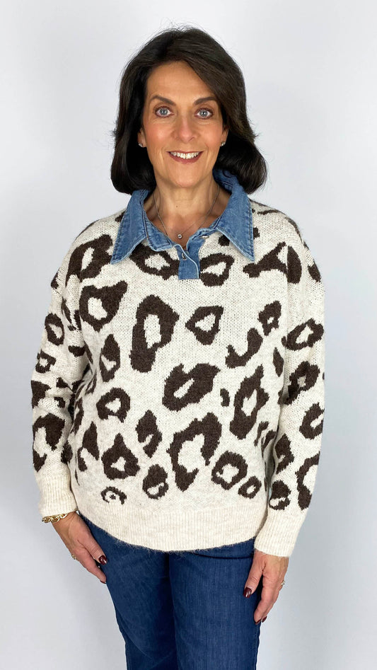 Denim collar leopard print jumper | Stone/Chocolate | 2 Sizes