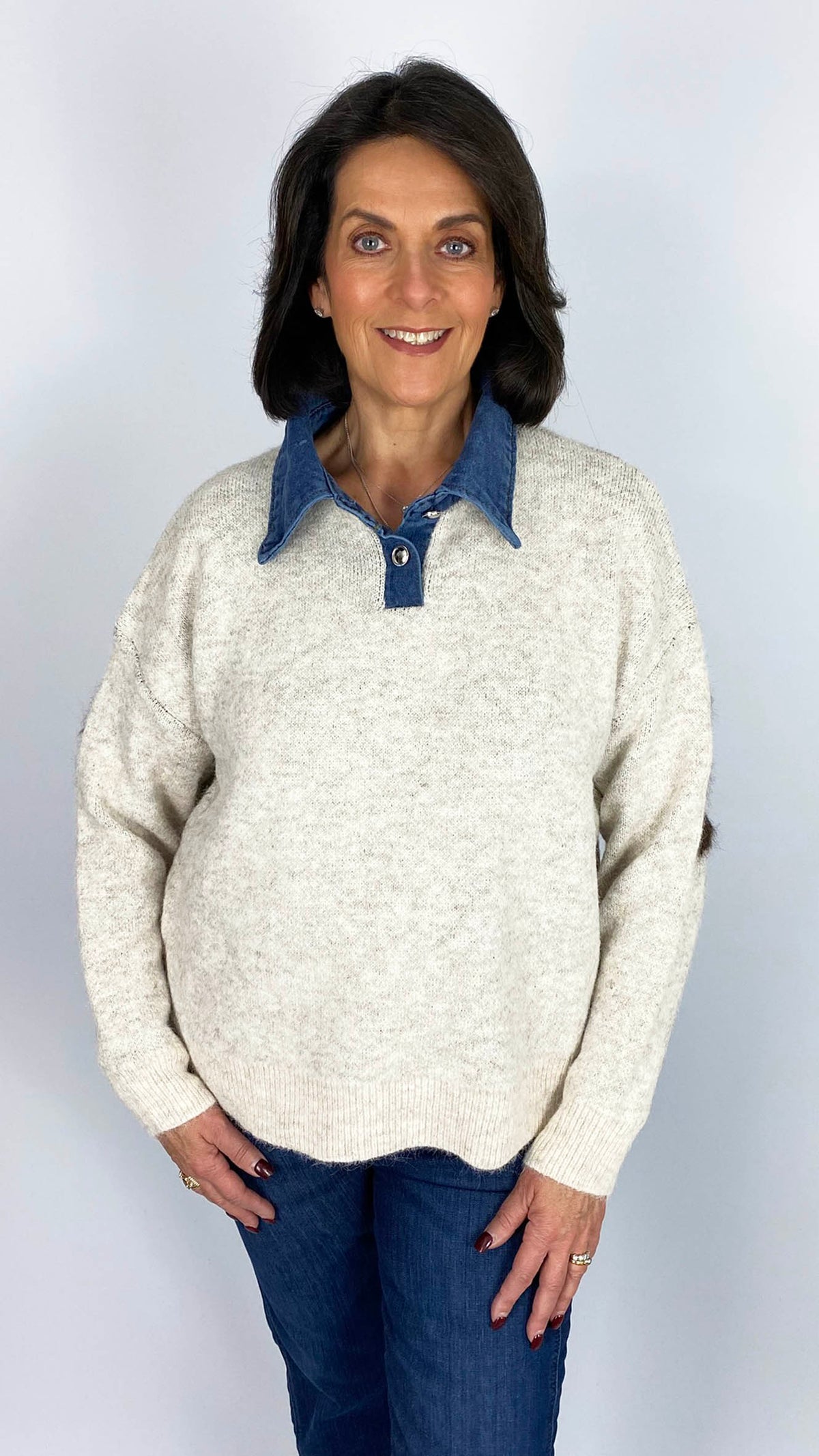 Denim collar 'Weekend' slogan jumper | Stone/Chocolate