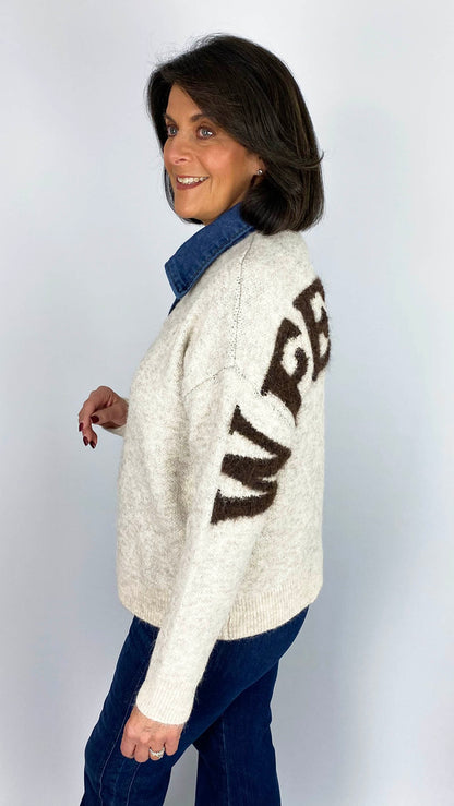 Denim collar 'Weekend' slogan jumper | Stone/Chocolate