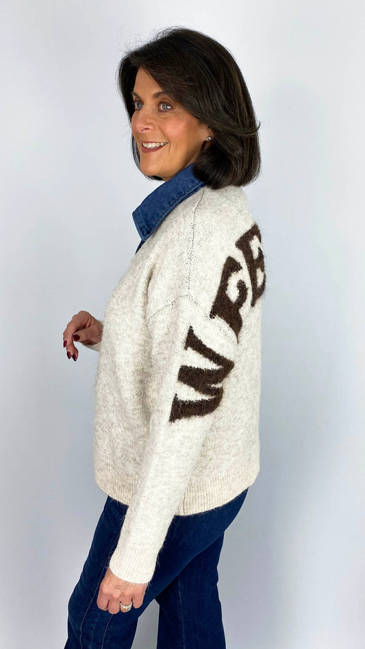 Denim collar 'Weekend' slogan jumper | Stone/Chocolate