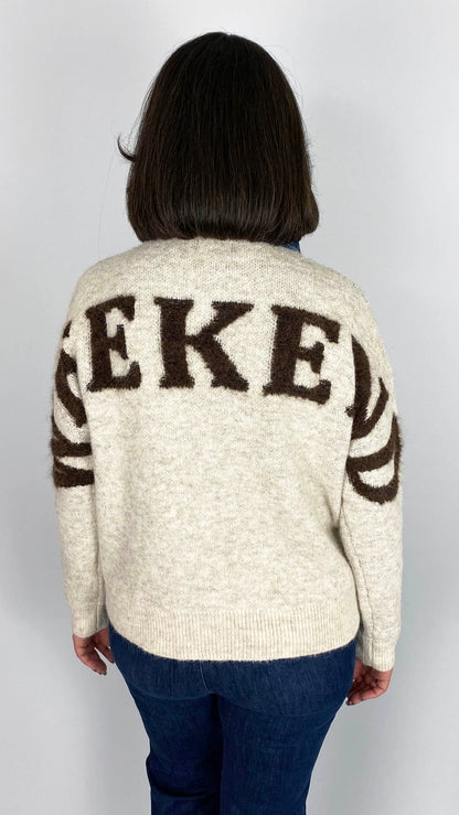 Denim collar 'Weekend' slogan jumper | Stone/Chocolate
