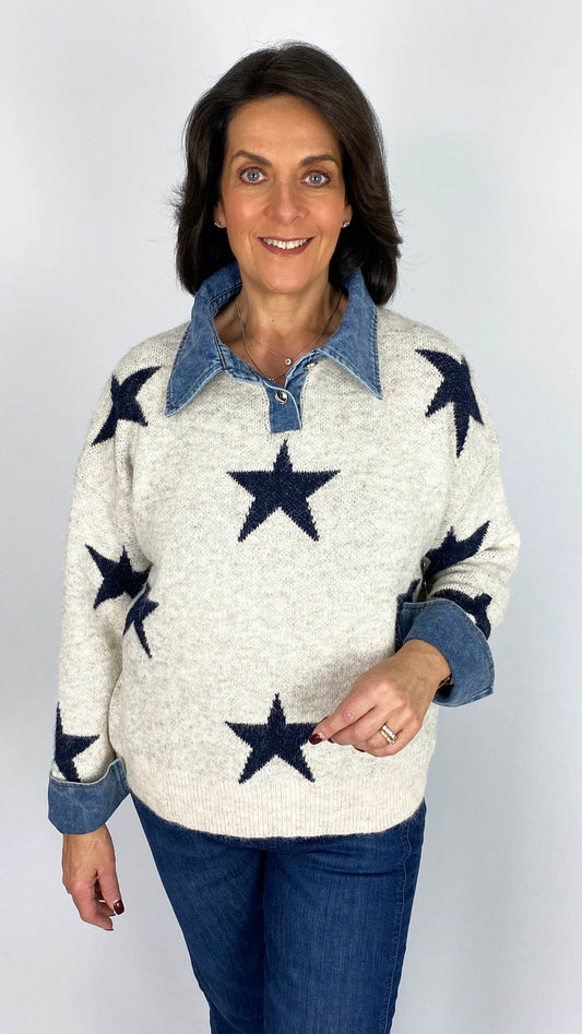 Denim collar & cuff multi star jumper | Stone/Navy