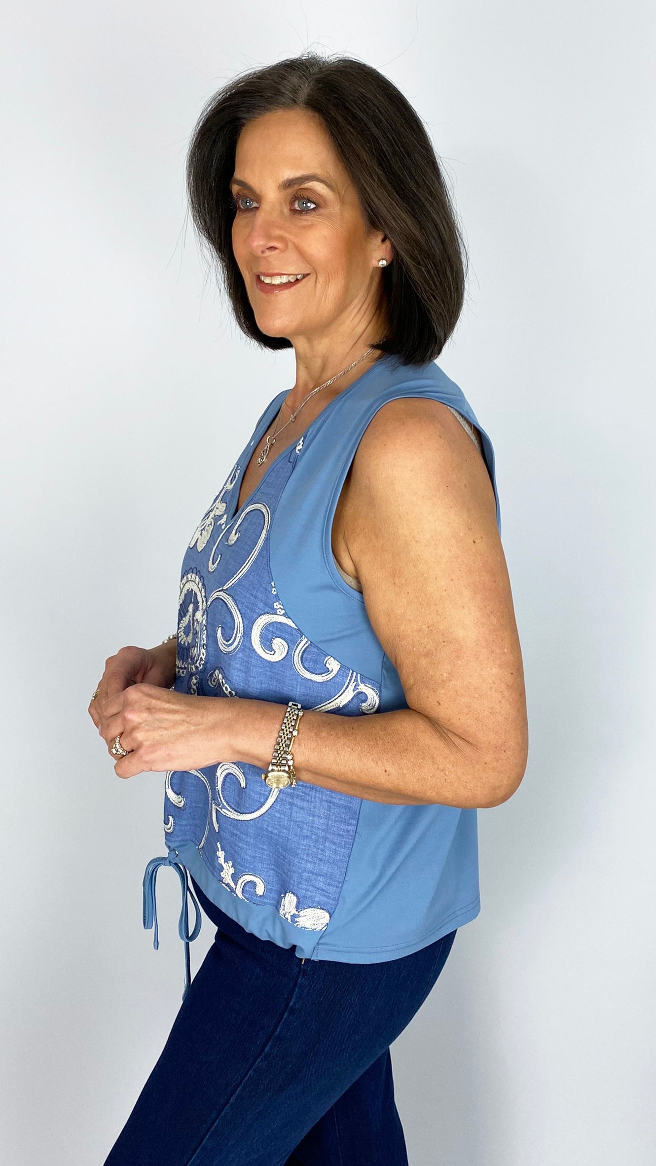 Embroidered jersey v-neck top with drawstring hem | 2 Colours | by Malissa J