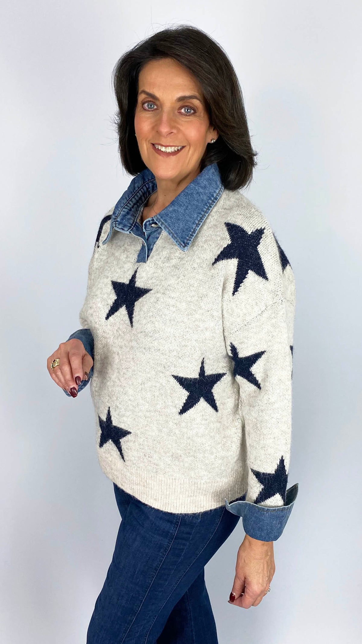 Denim collar & cuff multi star jumper | Stone/Navy