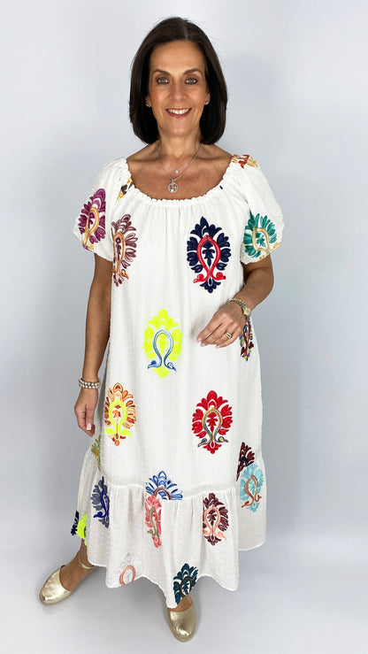 Embroidered bardot style dress | White Multi | by Malissa J