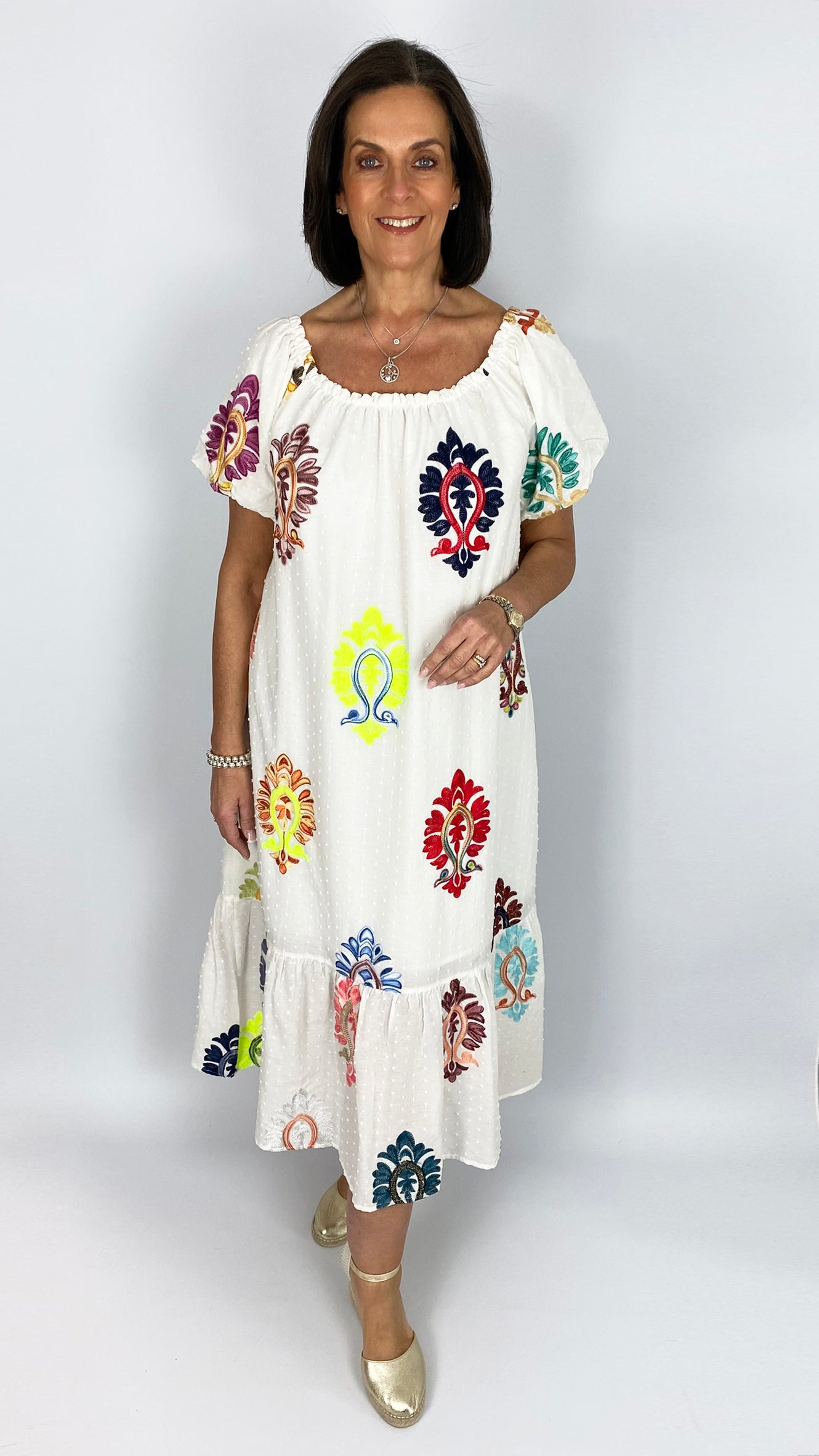 Embroidered bardot style dress | White Multi | by Malissa J