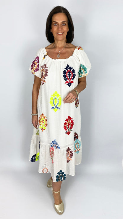 Embroidered bardot style dress | White Multi | by Malissa J
