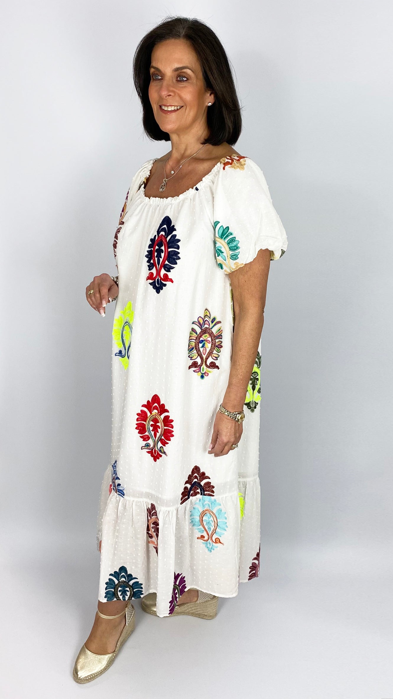 Embroidered bardot style dress | White Multi | by Malissa J