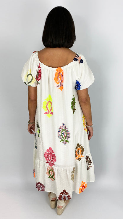 Embroidered bardot style dress | White Multi | by Malissa J